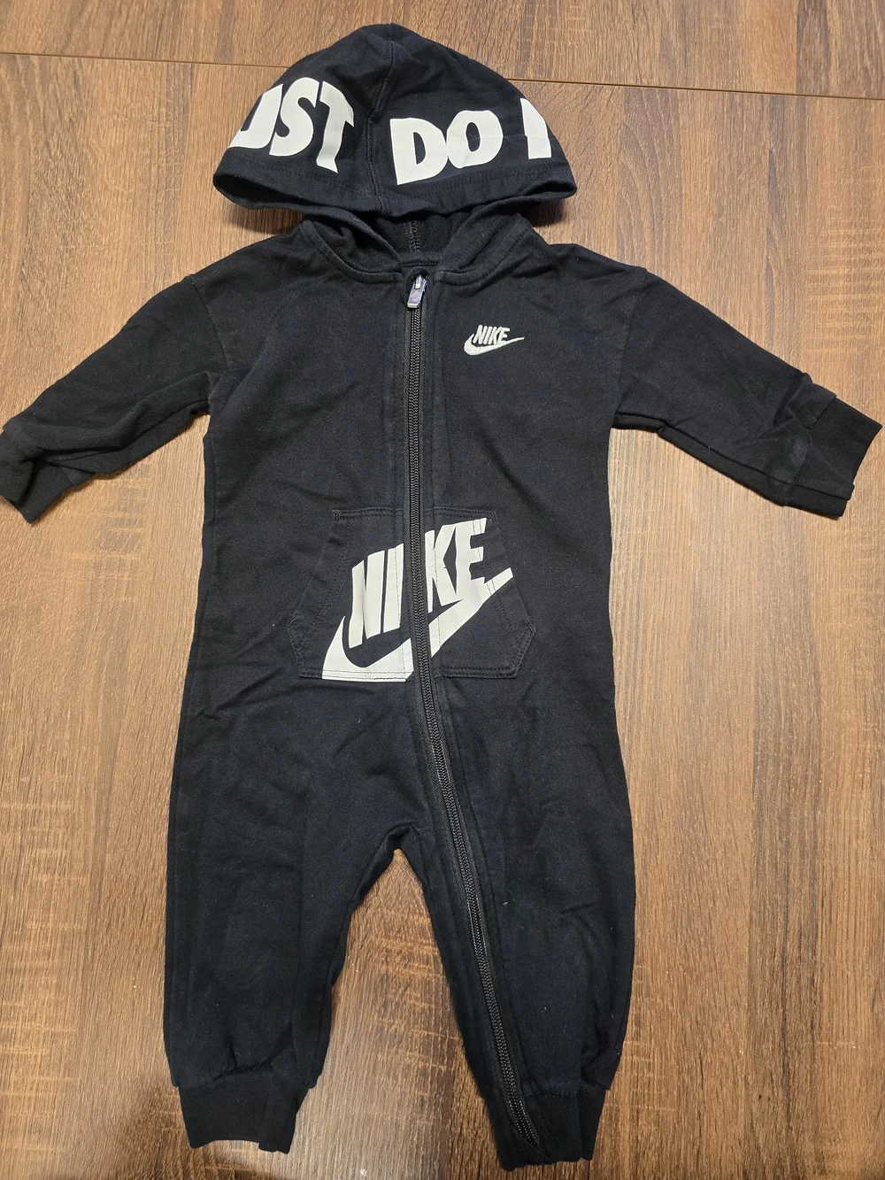 Nike Baby 9M Black Just Do It Hooded Zip Romper One Piece 9 Months